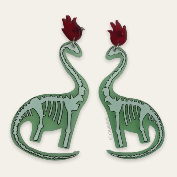 Acrylic Translucent Green Dinosaur Skeleton Fire Drop Dangle Earrings Goth - Picture 1 of 4